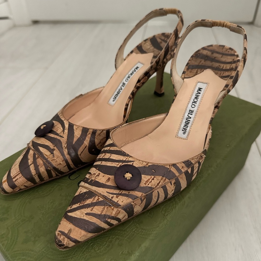 Manolo Blahnik Brown Zebra Cork Slingback Heels/Mules